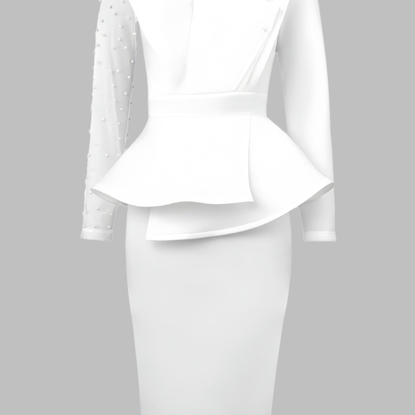 Women'S Elegant Contrast Mesh Sleeve Dress with Pearl Embellishments - Black & White Available, Asymmetric Ruffle Design, Peplum Waist, Ideal for Formal Occasions, Going Out, Weddings & Dates