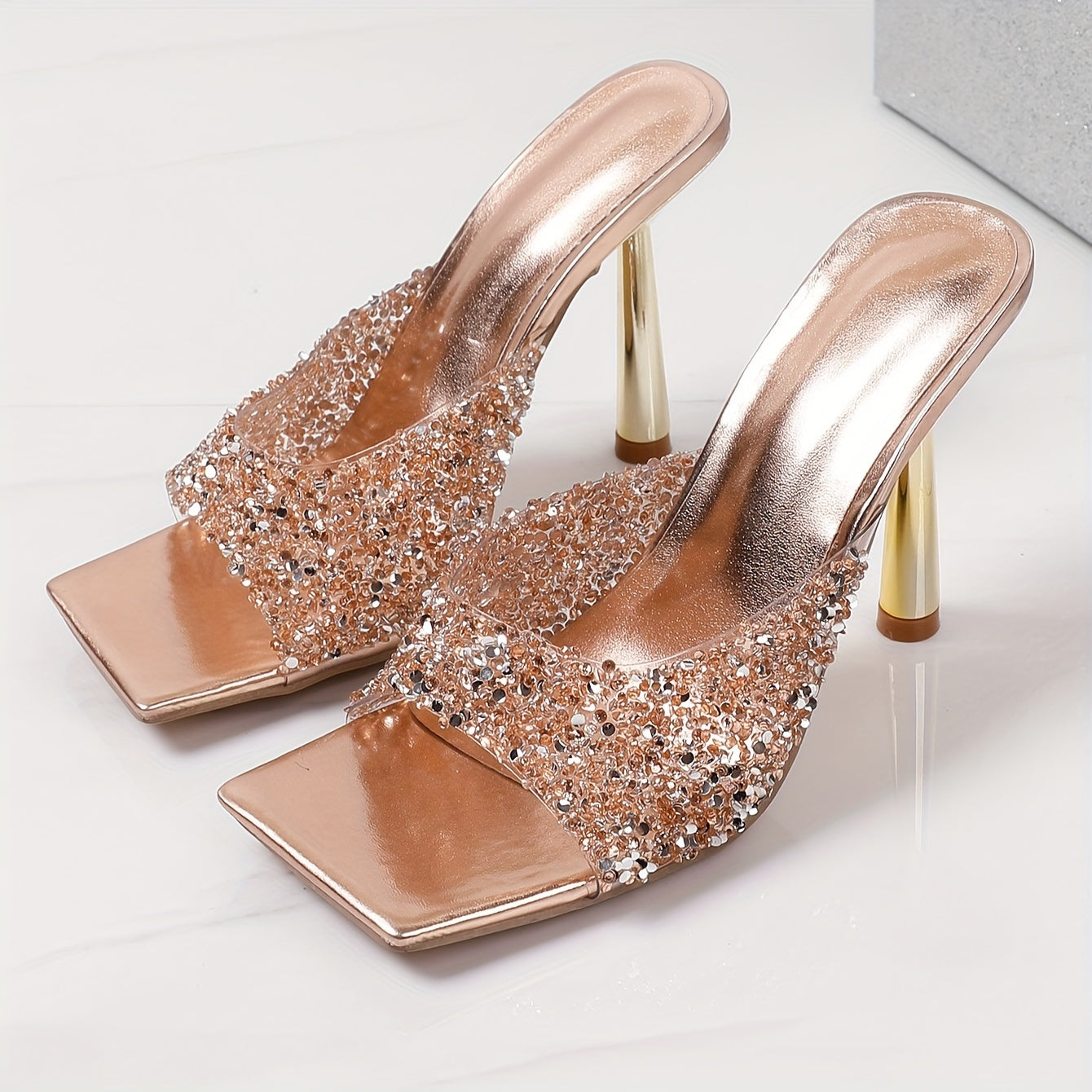 Women's Rhinestone-Adorned High-Heel Slip-Resistant Square Toe Mules - Sparkling PU Cover-like TPU & Rubber Sole, Glittering Party Shoes with Arch, Comfortable Elegant Dress Shoes for Women (Shimmering Rhinestone-Encrusted, S
