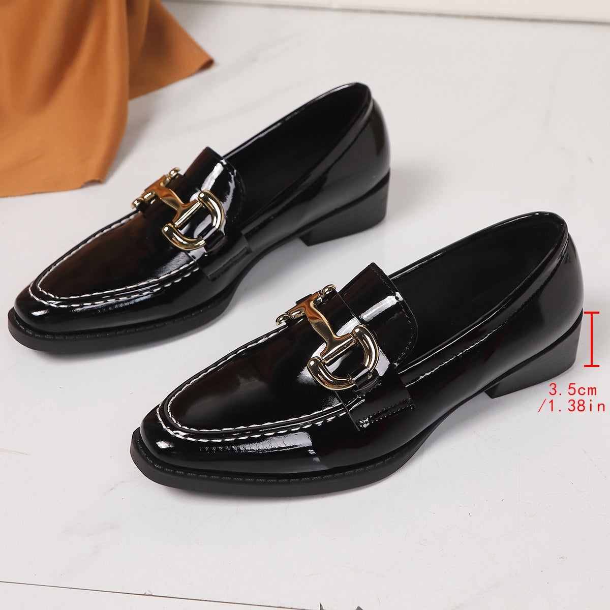 Women's Glossy Black Synthetic Cover Slip-On Loafers - Round-Toe Low-Heel Dress Shoes with Golden Buckle & Arch, All-Season Versatile for Casual & Formal Events, Comfortable & Durable Casual Attire, Faux Cover Upper & Rubber