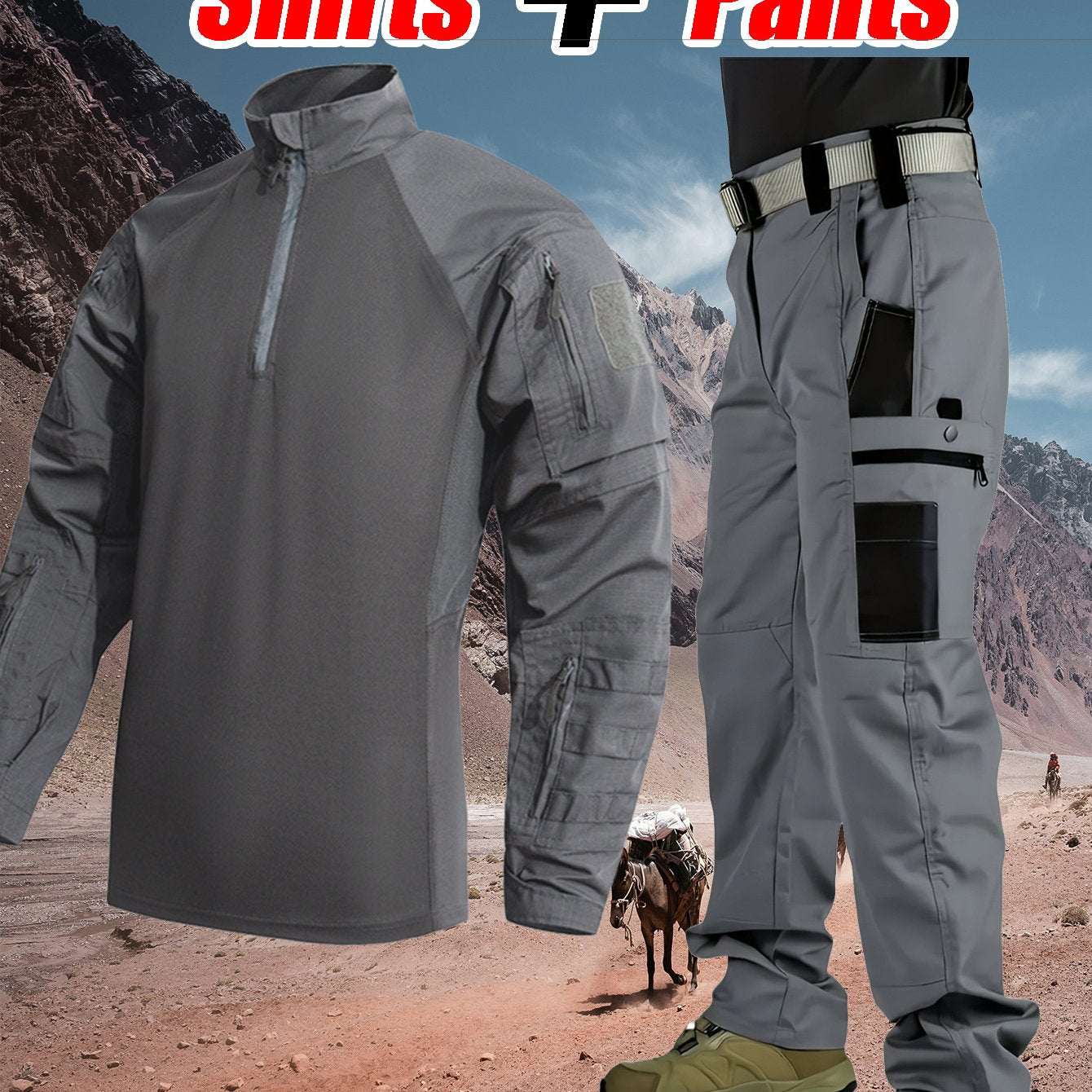 Men'S Tactical Clothing Long Sleeve Ripstop High Quality Clothing Combat Shirt and Pants Elbow Knee Pads with Zippered Compartments, Loose Fit All Season Hiking and Street Clothing - Machine Washable, No Strap Waist Belt, Tac
