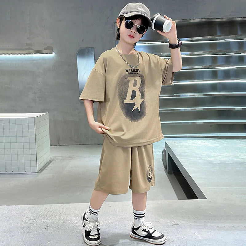 New Summer Teenager Boys Clothing Set Cotton Letter Short Sleeve T-shirt Shorts 2Pcs For 4-14 Years Kids Tracksuits Child Cloth