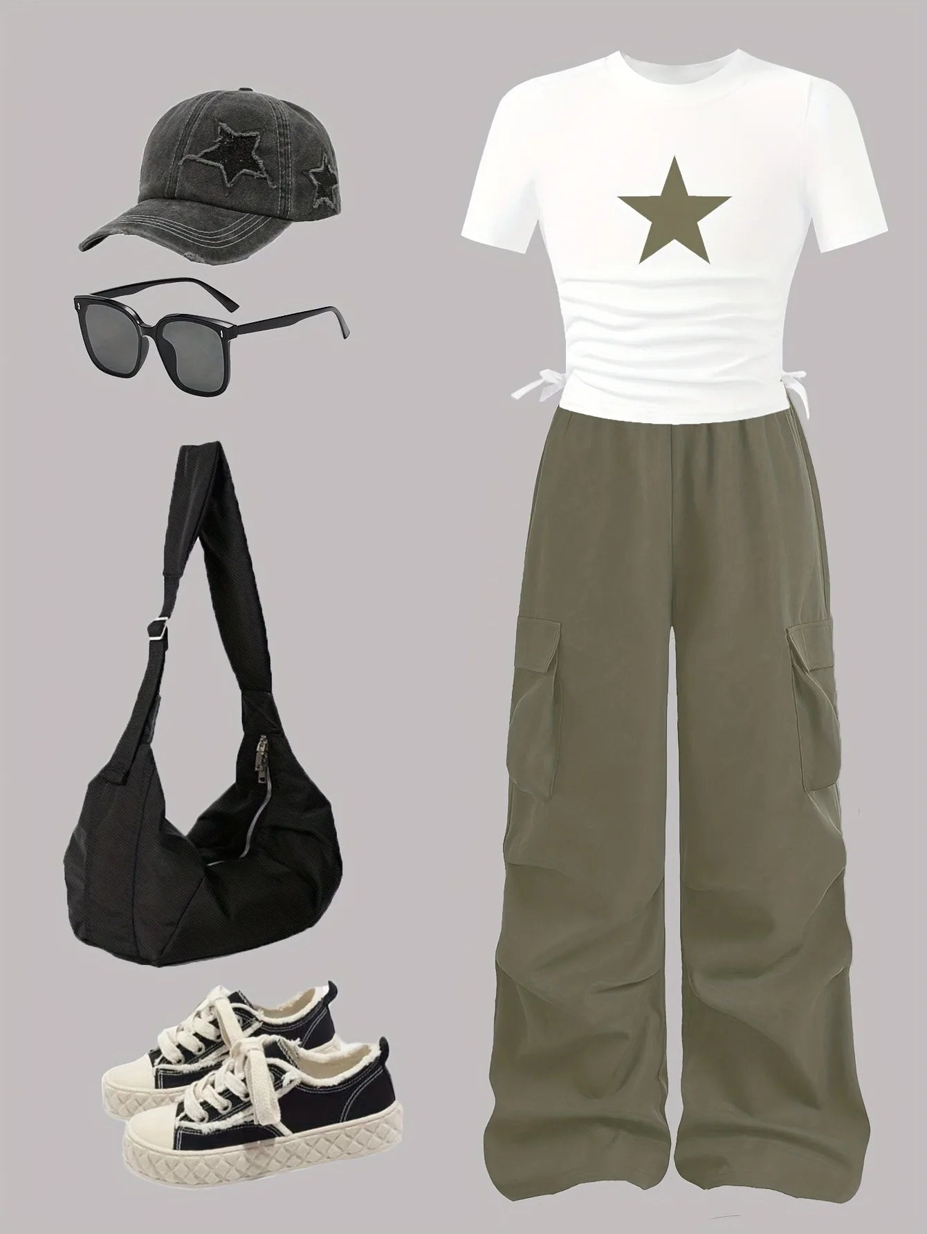 Trendy Tween Girls 2Pcs Star Print Ruched Crop Top & Olive Cargo Pants Set Kids Summer Streetwear Casual Co-Ord