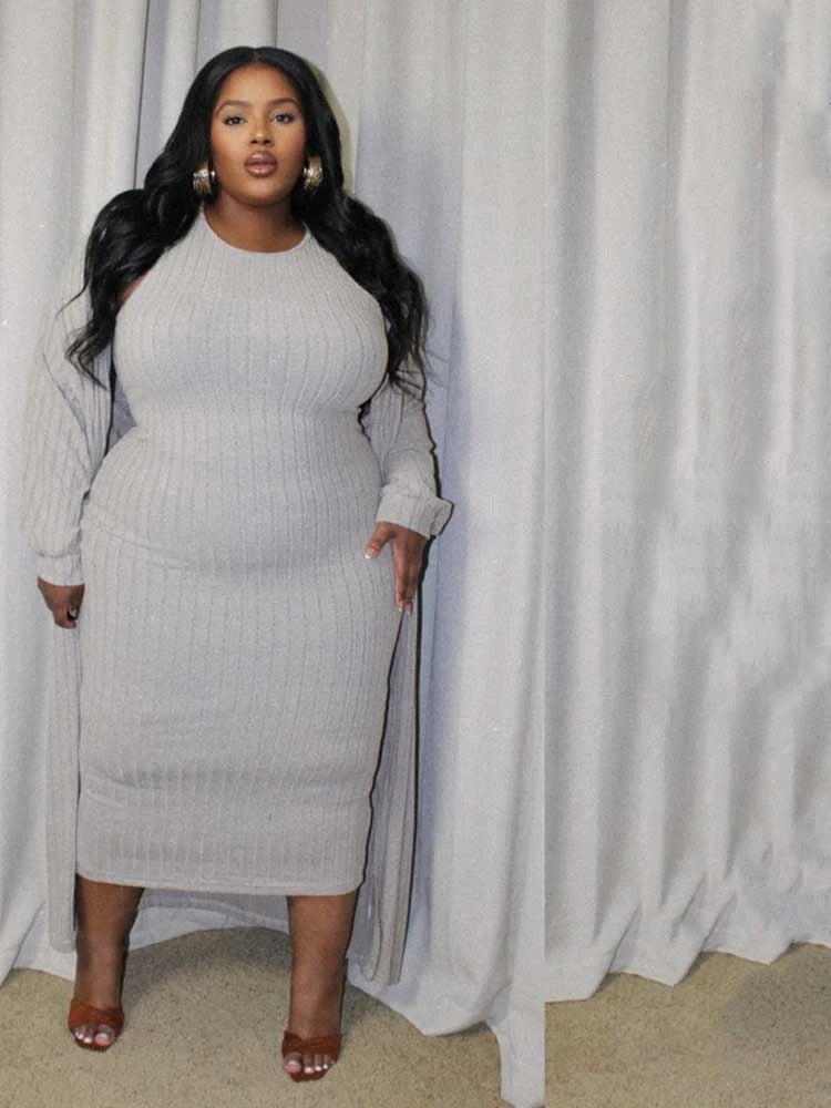 4x Plus Size Women Clothing Sets Autumn Long Cardigan Dress Suit Chic and Elegant Knitted Dress Suit Wholesale Dropshipping