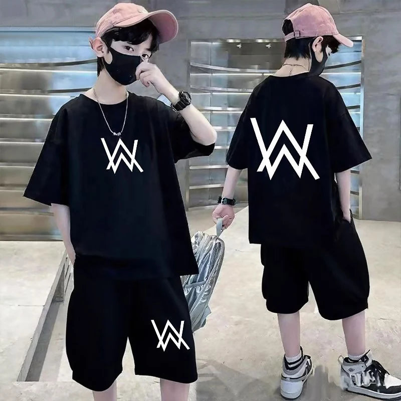 Summer Teenager Boys Clothing Set Cotton Letter Short Sleeve T-shirt Shorts 2Pc For 4-14Years Kids Fashion Outfits Children Suit
