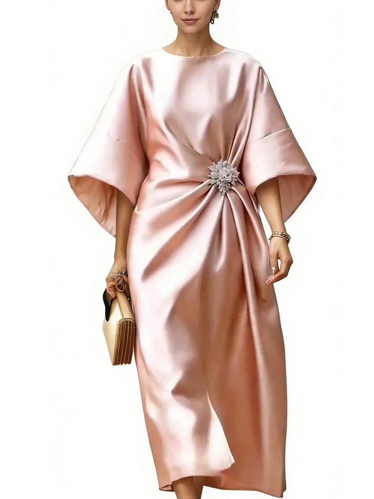 Navy Blue Satin Midi Dress Women Boat Neck Batwing Sleeve Rhinestone Waist Decor Ruched Elegant Evening Party Cocktail Dress