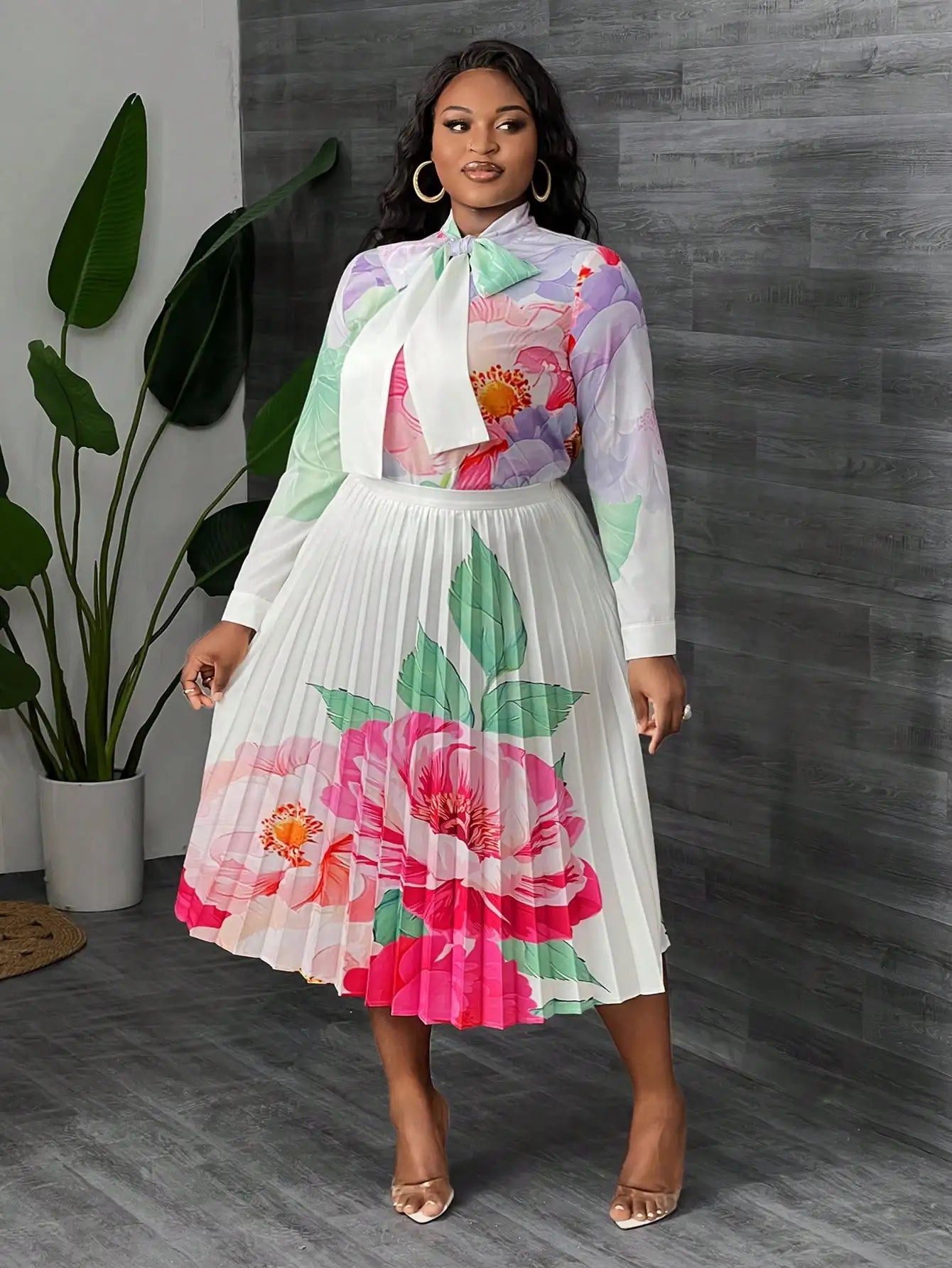 Slaydiva Plus Size Floral Print Blouse & Pleated A-Line Skirt Set for Women, Elegant Spring Summer Outfit