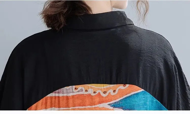 Women Summer Clothing 2025 New Style Literary Splicing Loose Printed Button Splicing Shirt Dress