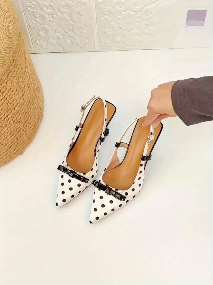 Women's Elegant Pointed-Toe High-Heel Mules - White & Black Polka Faux Cover/Fabric Upper with Adjustable Ankle Strap & Buckle Closure, TPU Cushioned Insole - All-Season Dress Shoes for Office, Parties, Semi-Formal Events - C