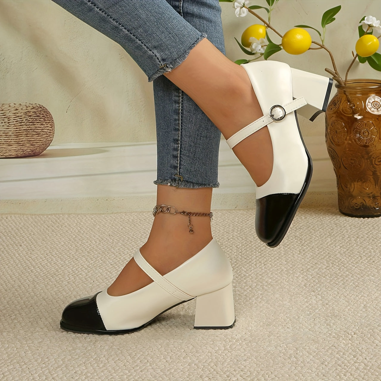 Women's White & Black Mary Jane Shoes with Chunky Block Heel - Glossy Faux Cover Round-Toe, Golden Buckle Strap & Low-Cut Lace-Like Closure (No Laces) - All-Season Dress Shoes for, Parties, Casual Attire (Rubber Sole), Shoes