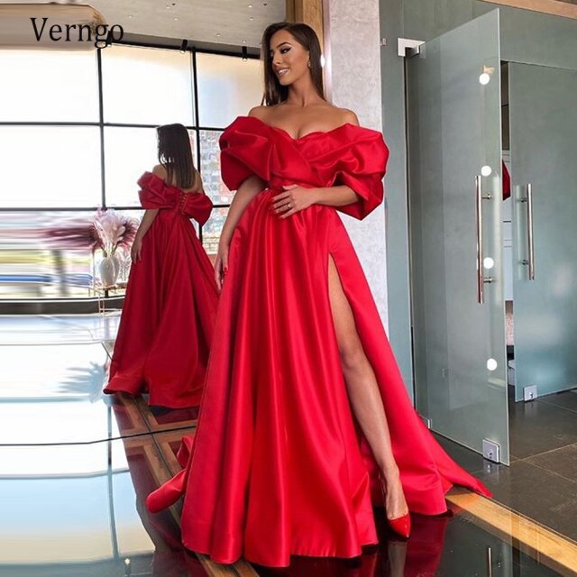 Verngo Gorgeous Long Satin Evening Dress Red For Bride With Sleeves Off the Shoulder 2020 Party Sexy Prom Gowns With Side Slit - keikeishopping