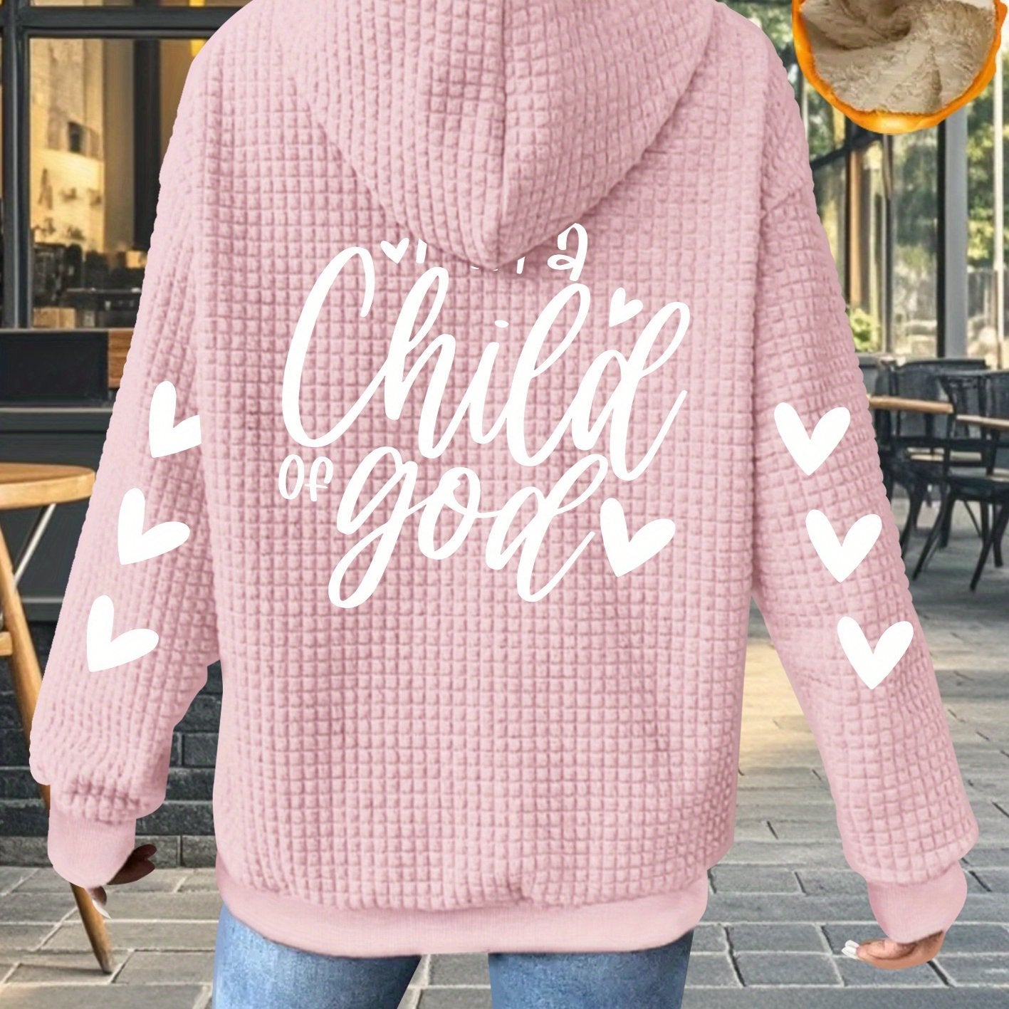 Women's Thick Full-Zip Hooded Jacket with " of God" Christian Lettering & Heart Design - Machine Washable Polyester Winter Coat, Casual Warm Outerwear for Church Events & Everyday Faith Expression, Geometric Pattern Waffle Te
