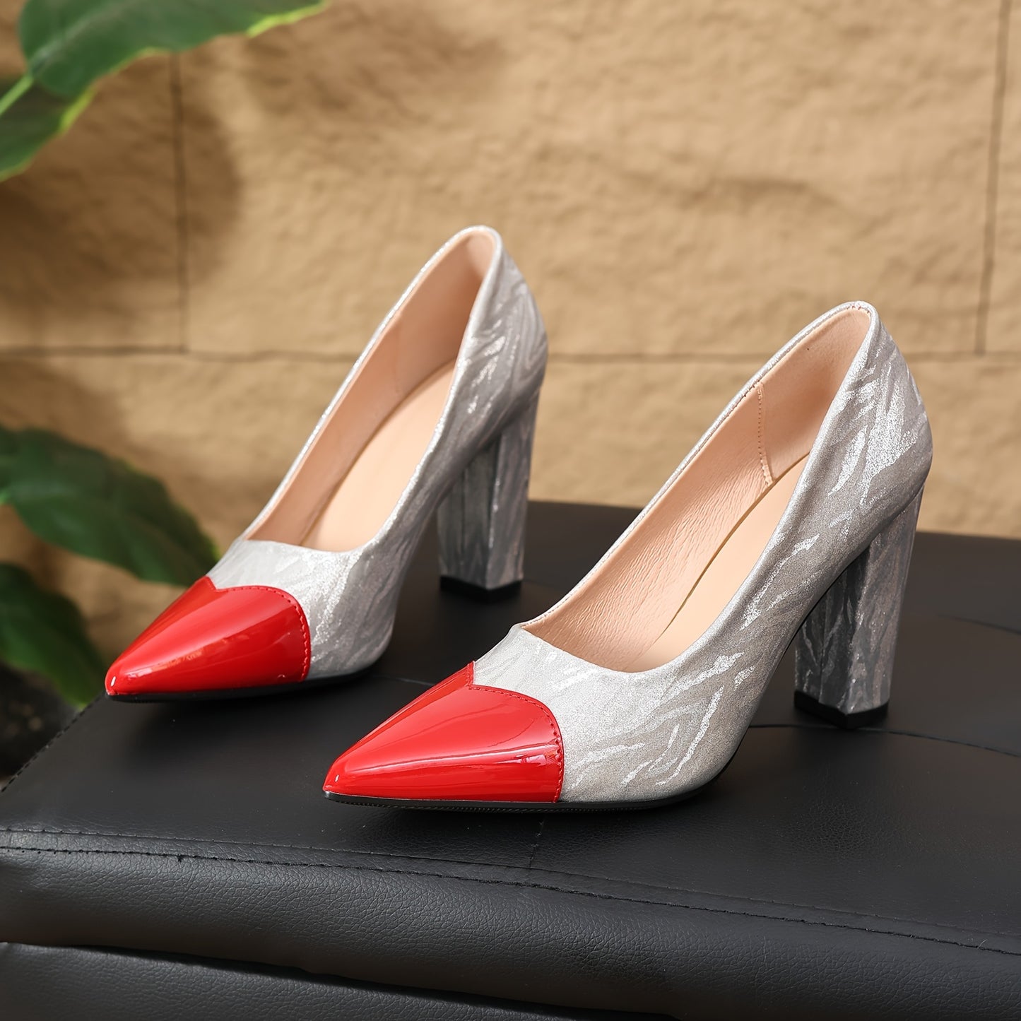 Women'S Elegant Pointed-Toe High Heels - Chunky Block Heel, Synthetic Cover, Comfortable & Stylish for Parties, Dates, and Formal Events, Red & Black, All-Season Wear, Formal Footwear | Elegant Heel Design | Synthetic Cover S