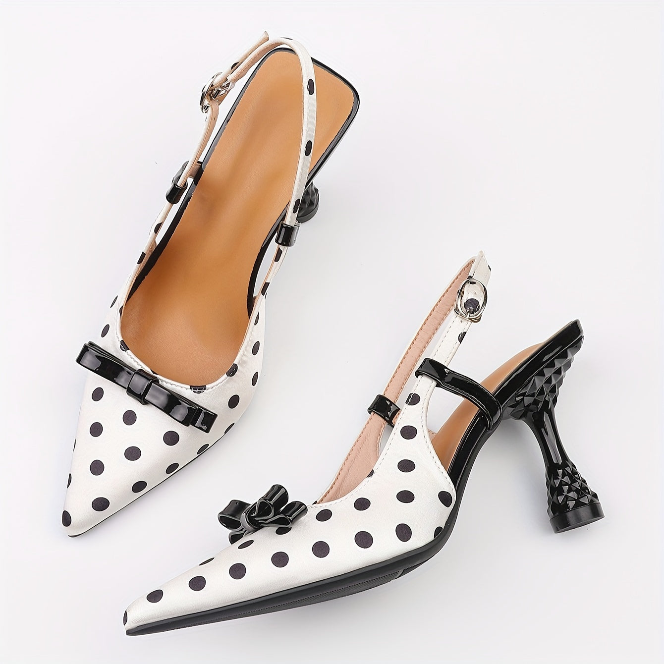 Women's Elegant Pointed-Toe High-Heel Mules - White & Black Polka Faux Cover/Fabric Upper with Adjustable Ankle Strap & Buckle Closure, TPU Cushioned Insole - All-Season Dress Shoes for Office, Parties, Semi-Formal Events - C