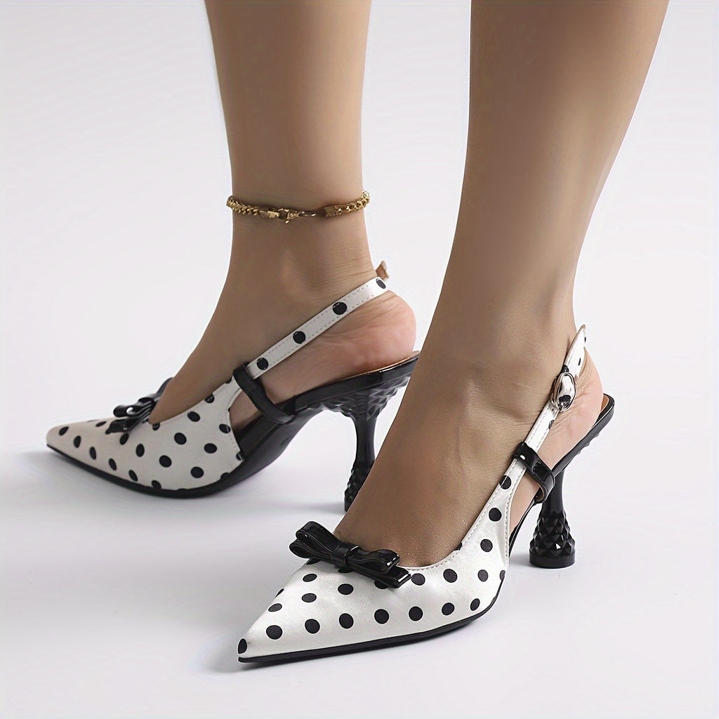 Women's Elegant Pointed-Toe High-Heel Mules - White & Black Polka Faux Cover/Fabric Upper with Adjustable Ankle Strap & Buckle Closure, TPU Cushioned Insole - All-Season Dress Shoes for Office, Parties, Semi-Formal Events - C