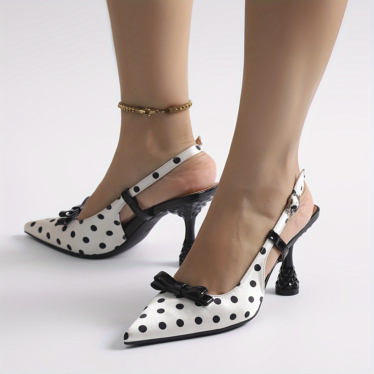 Women's Elegant Pointed-Toe High-Heel Mules - White & Black Polka Faux Cover/Fabric Upper with Adjustable Ankle Strap & Buckle Closure, TPU Cushioned Insole - All-Season Dress Shoes for Office, Parties, Semi-Formal Events - C