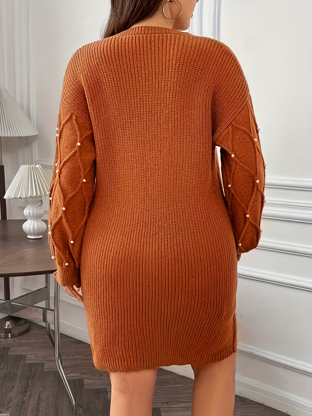 Plus Size - New Winter Collection Featuring a Beaded Round-Neck Sweater And a Bodycon Skirt, Perfect for European And American Office Wear.