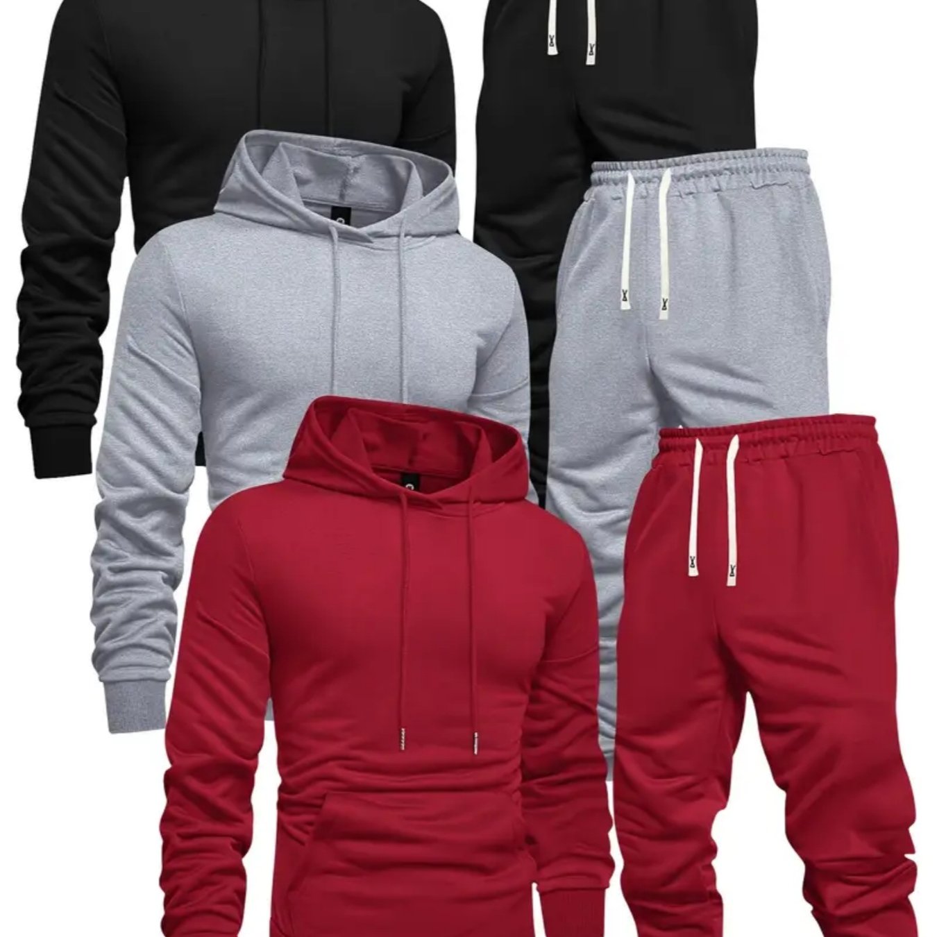 6pcs Men's Solid Color Hooded Sweatshirt & Jogger Pants Set - Thermal Matching Tracksuit with Pockets, Elastic Waistband for Gym, Outdoor, Yoga,, Winter/Spring/Autumn Training Suit (Casual Athleisure Wear)