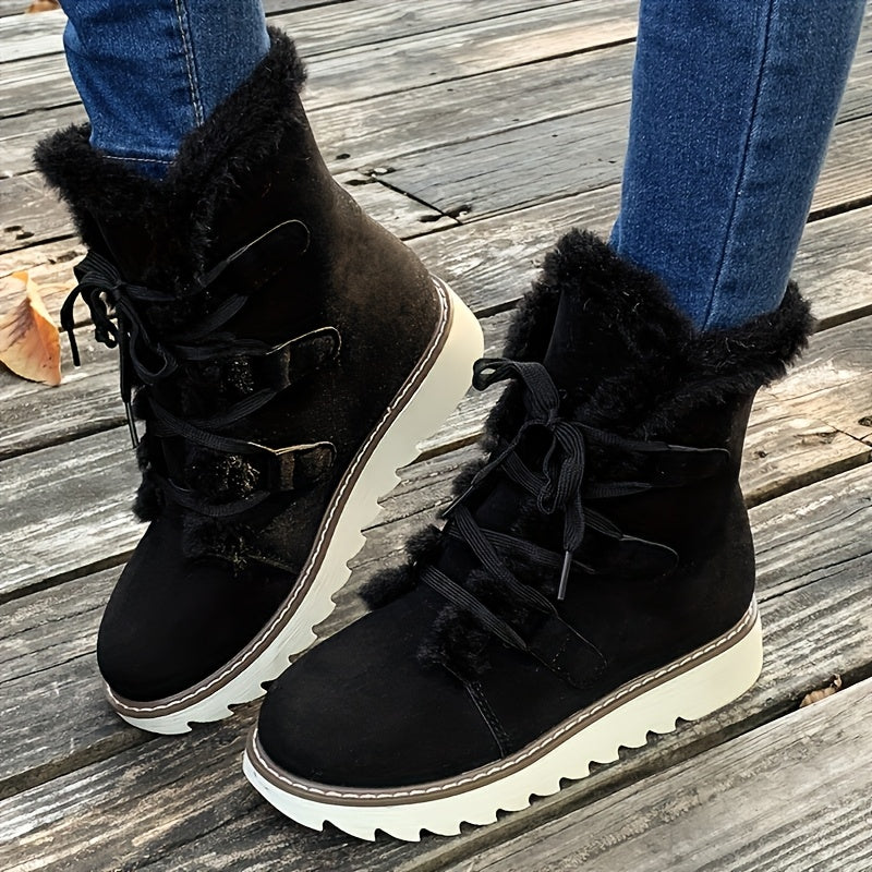 Women's Elegant Plush Lining Winter Boots - Thick Heel Mid-Calf Lace-Up Round Toe Boots with Faux Fur Collar, PU Cover-like Upper & Cushioned Insole, Warm Brown/Tan/Black/Pink/Beige - Casual & Formal Winter Shoes, Hand Wash o