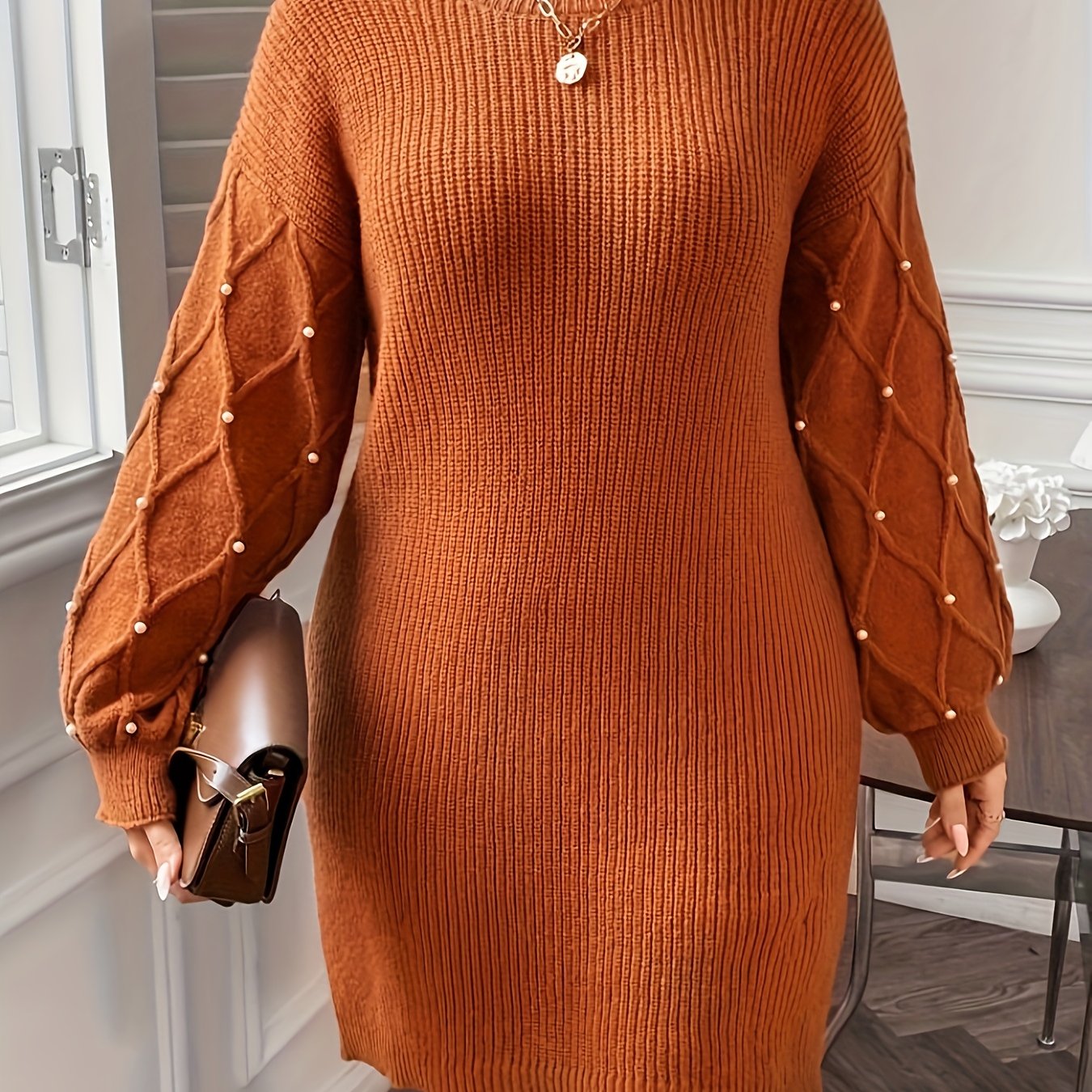 Plus Size - New Winter Collection Featuring a Beaded Round-Neck Sweater And a Bodycon Skirt, Perfect for European And American Office Wear.