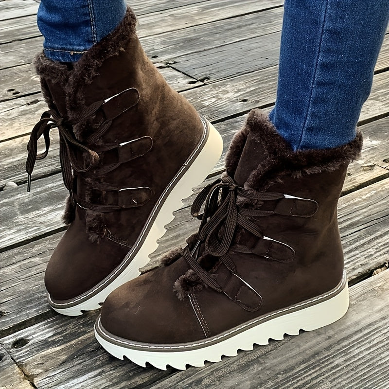 Women's Elegant Plush Lining Winter Boots - Thick Heel Mid-Calf Lace-Up Round Toe Boots with Faux Fur Collar, PU Cover-like Upper & Cushioned Insole, Warm Brown/Tan/Black/Pink/Beige - Casual & Formal Winter Shoes, Hand Wash o