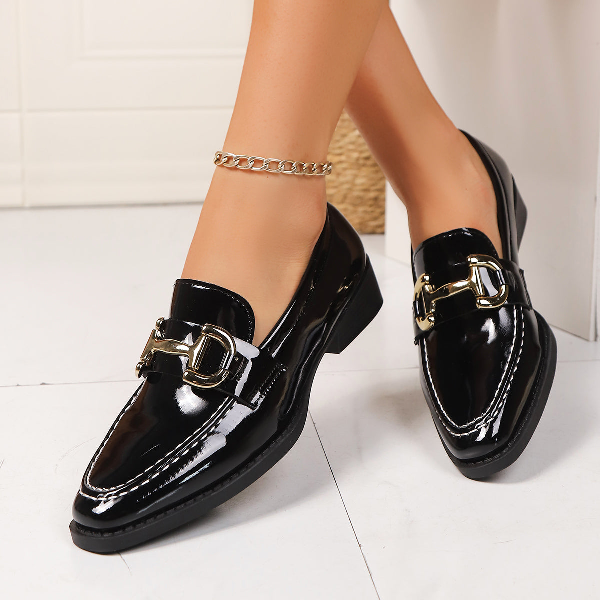 Women's Glossy Black Synthetic Cover Slip-On Loafers - Round-Toe Low-Heel Dress Shoes with Golden Buckle & Arch, All-Season Versatile for Casual & Formal Events, Comfortable & Durable Casual Attire, Faux Cover Upper & Rubber