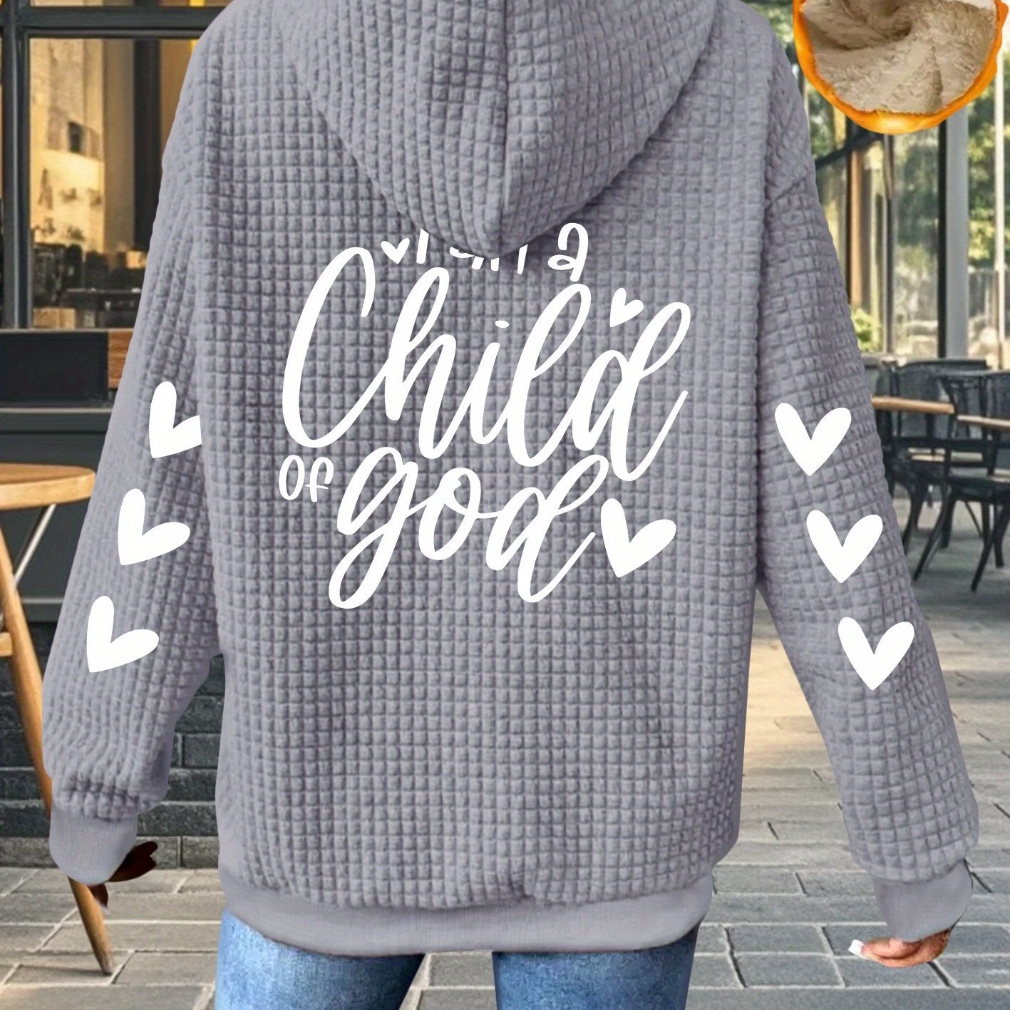 Women's Thick Full-Zip Hooded Jacket with " of God" Christian Lettering & Heart Design - Machine Washable Polyester Winter Coat, Casual Warm Outerwear for Church Events & Everyday Faith Expression, Geometric Pattern Waffle Te
