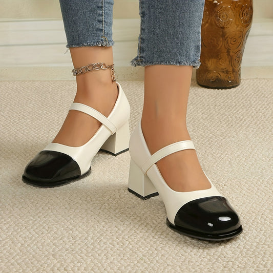 Women's White & Black Mary Jane Shoes with Chunky Block Heel - Glossy Faux Cover Round-Toe, Golden Buckle Strap & Low-Cut Lace-Like Closure (No Laces) - All-Season Dress Shoes for, Parties, Casual Attire (Rubber Sole), Shoes