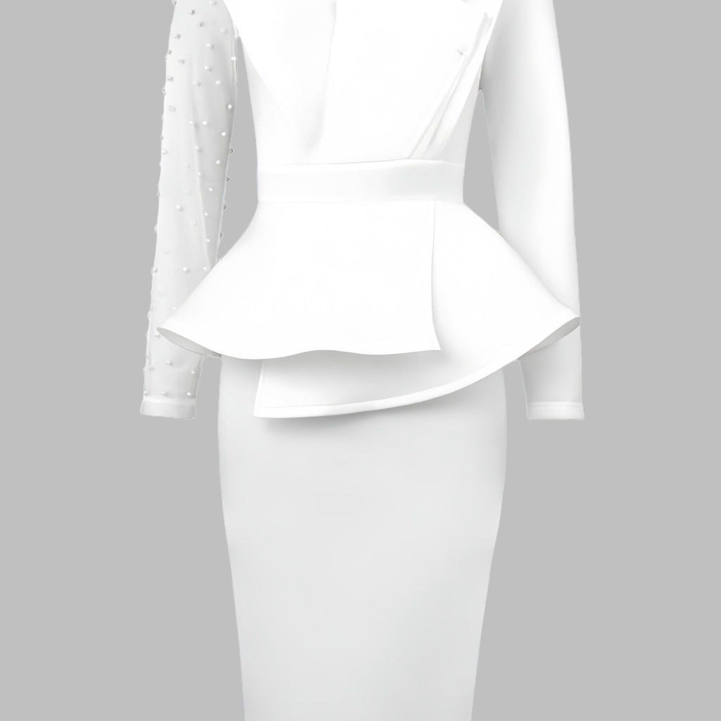 Women'S Elegant Contrast Mesh Sleeve Dress with Pearl Embellishments - Black & White Available, Asymmetric Ruffle Design, Peplum Waist, Ideal for Formal Occasions, Going Out, Weddings & Dates