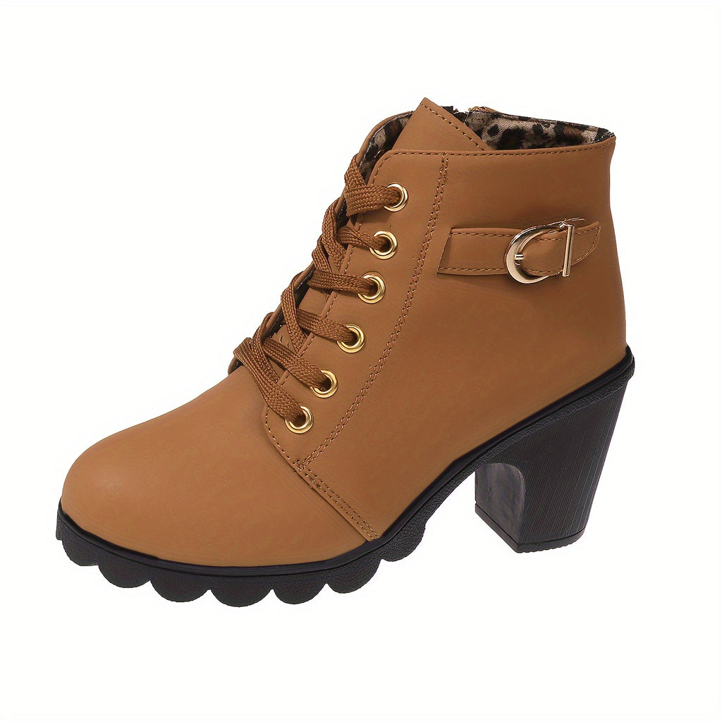 Women's Chunky Heel Ankle Boots - Black Faux Cover Lace-Up Side Zipper Booties with Golden Accents, Cap Toe & Comfortable Block Heel for Casual Outings