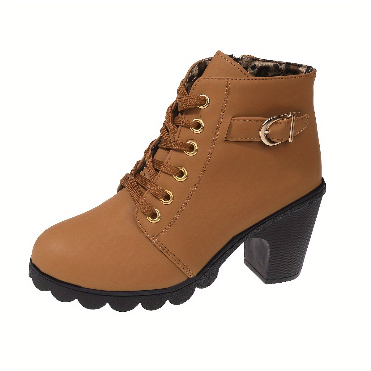 Women's Chunky Heel Ankle Boots - Black Faux Cover Lace-Up Side Zipper Booties with Golden Accents, Cap Toe & Comfortable Block Heel for Casual Outings