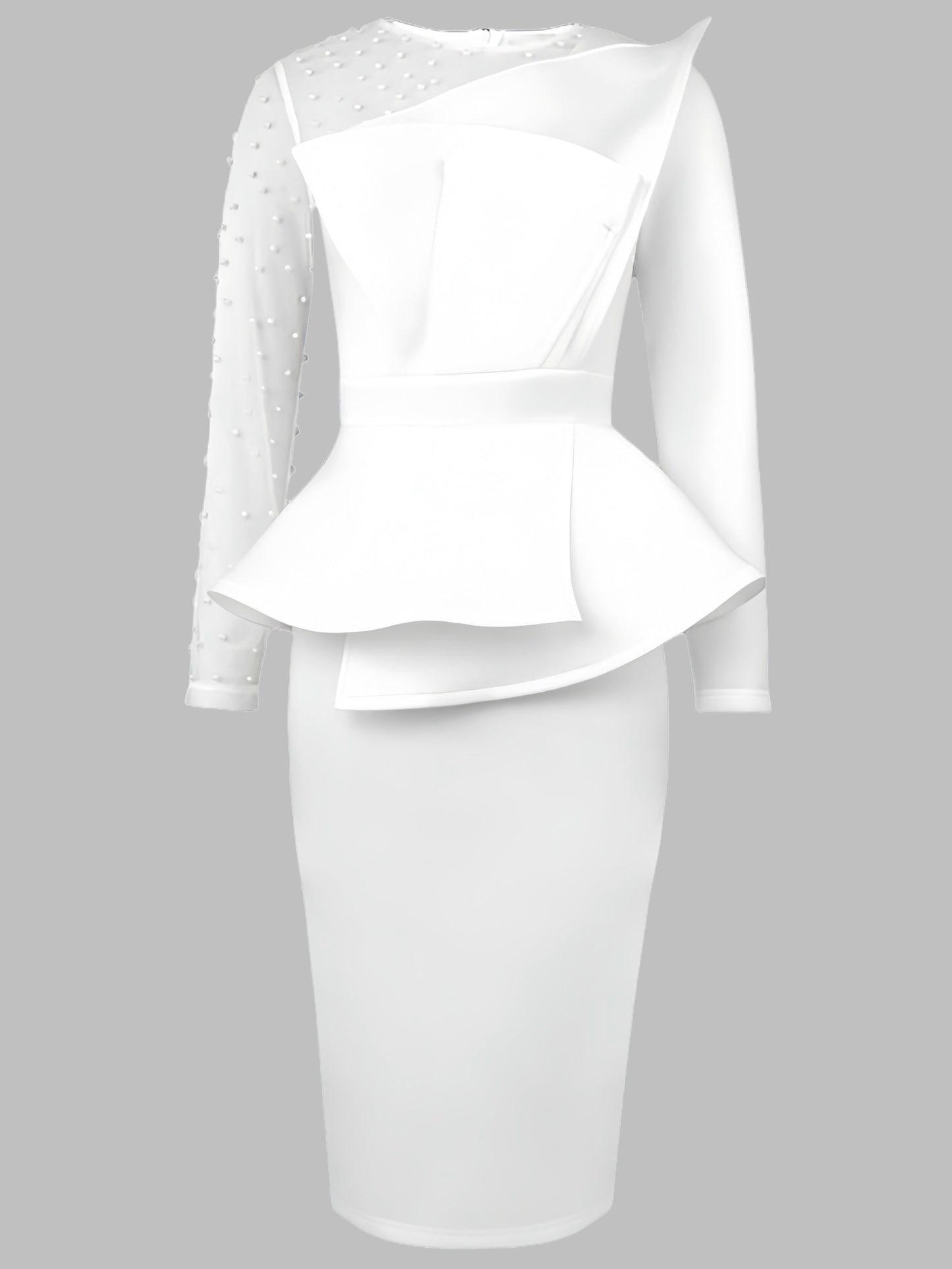 Women'S Elegant Contrast Mesh Sleeve Dress with Pearl Embellishments - Black & White Available, Asymmetric Ruffle Design, Peplum Waist, Ideal for Formal Occasions, Going Out, Weddings & Dates