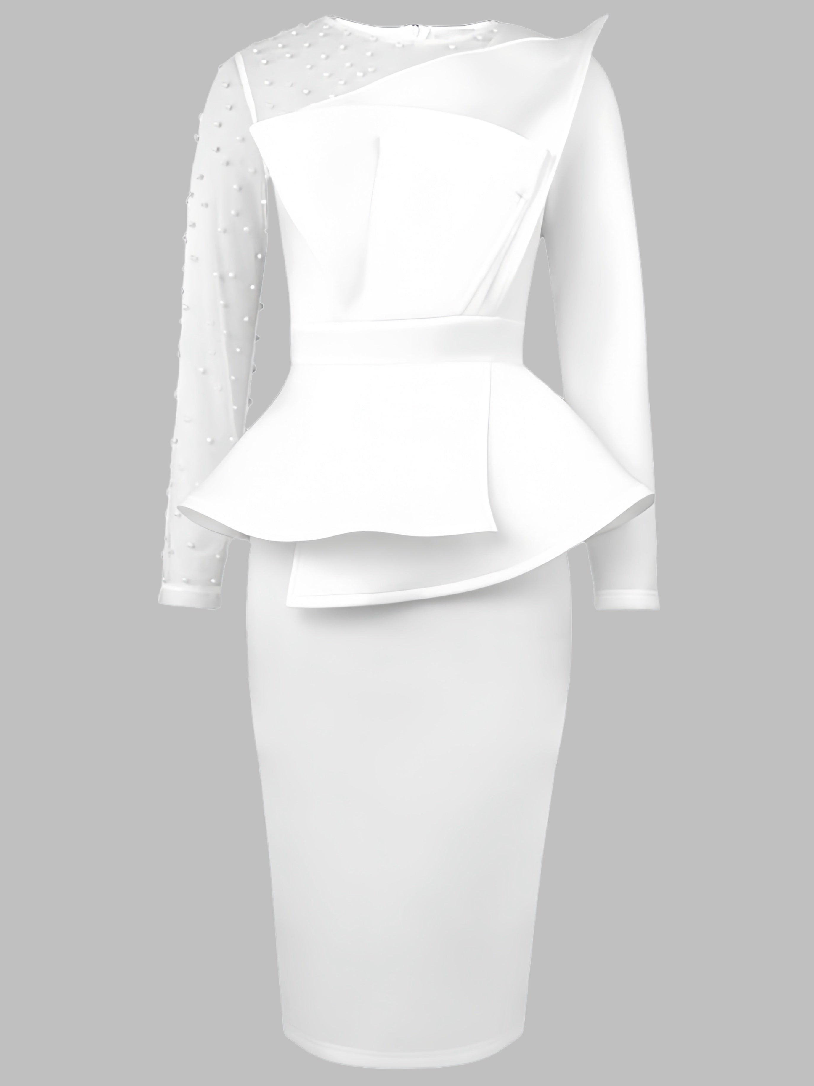 Women'S Elegant Contrast Mesh Sleeve Dress with Pearl Embellishments - Black & White Available, Asymmetric Ruffle Design, Peplum Waist, Ideal for Formal Occasions, Going Out, Weddings & Dates