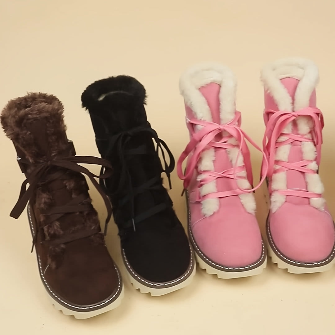 Women's Elegant Plush Lining Winter Boots - Thick Heel Mid-Calf Lace-Up Round Toe Boots with Faux Fur Collar, PU Cover-like Upper & Cushioned Insole, Warm Brown/Tan/Black/Pink/Beige - Casual & Formal Winter Shoes, Hand Wash o