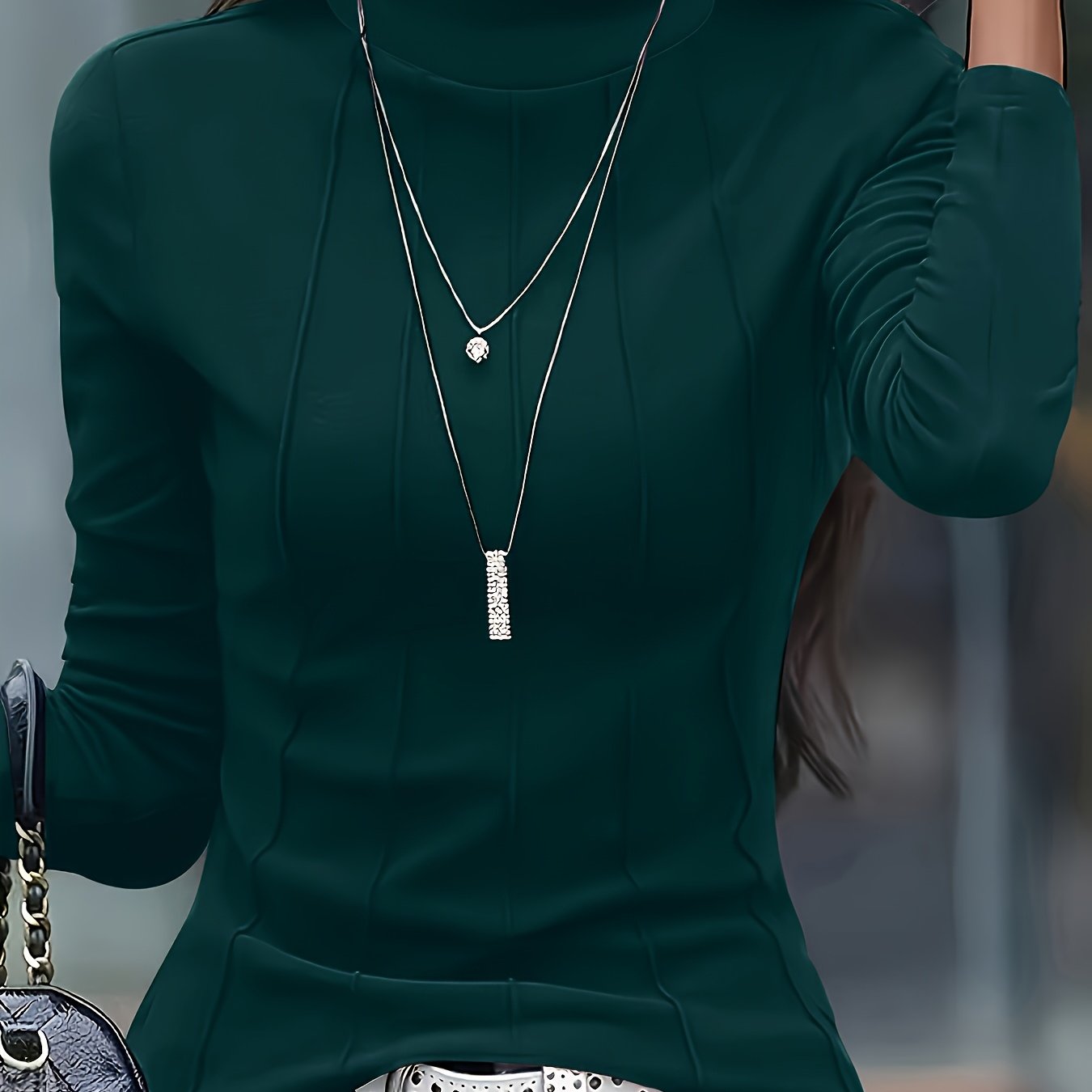 Plus Size, Size Solid Color Turtleneck Slim Fit Long Sleeve T-Shirt - Size Friendly High-Elasticity Fabric, Round Neck Suitable for Spring/Autumn, Casual & Elegant Layering Piece, Hand Washable - Top