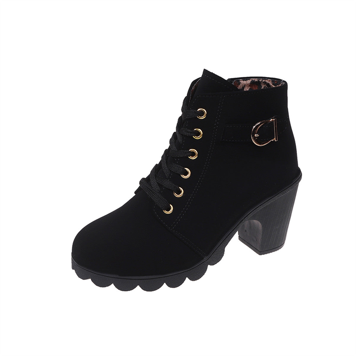 Women's Chunky Heel Ankle Boots - Black Faux Cover Lace-Up Side Zipper Booties with Golden Accents, Cap Toe & Comfortable Block Heel for Casual Outings