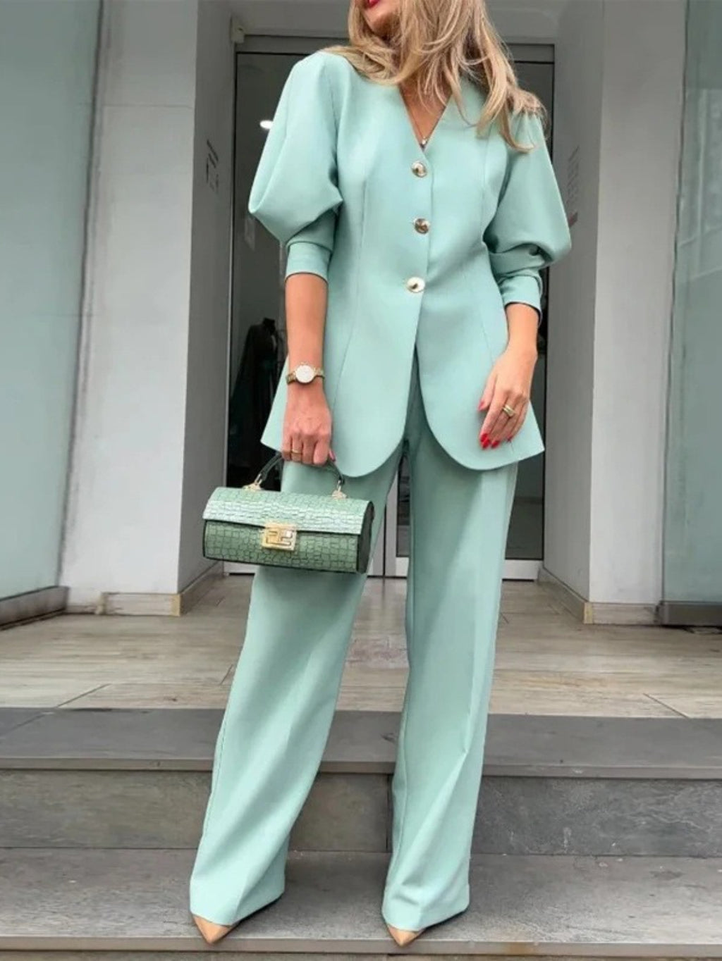 New fashion solid color lantern sleeve loose suit temperament commuter suit, Formal Outfit, Office Wear, Elegant Design, Stylish Suit, Nonstretch Fabric, Highquality Material, Stylish Commuters, Fashion Lovers