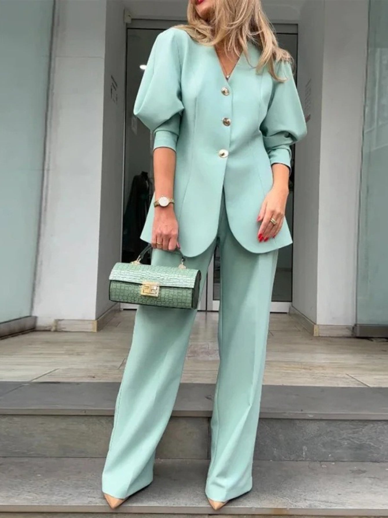 New fashion solid color lantern sleeve loose suit temperament commuter suit, Formal Outfit, Office Wear, Elegant Design, Stylish Suit, Nonstretch Fabric, Highquality Material, Stylish Commuters, Fashion Lovers