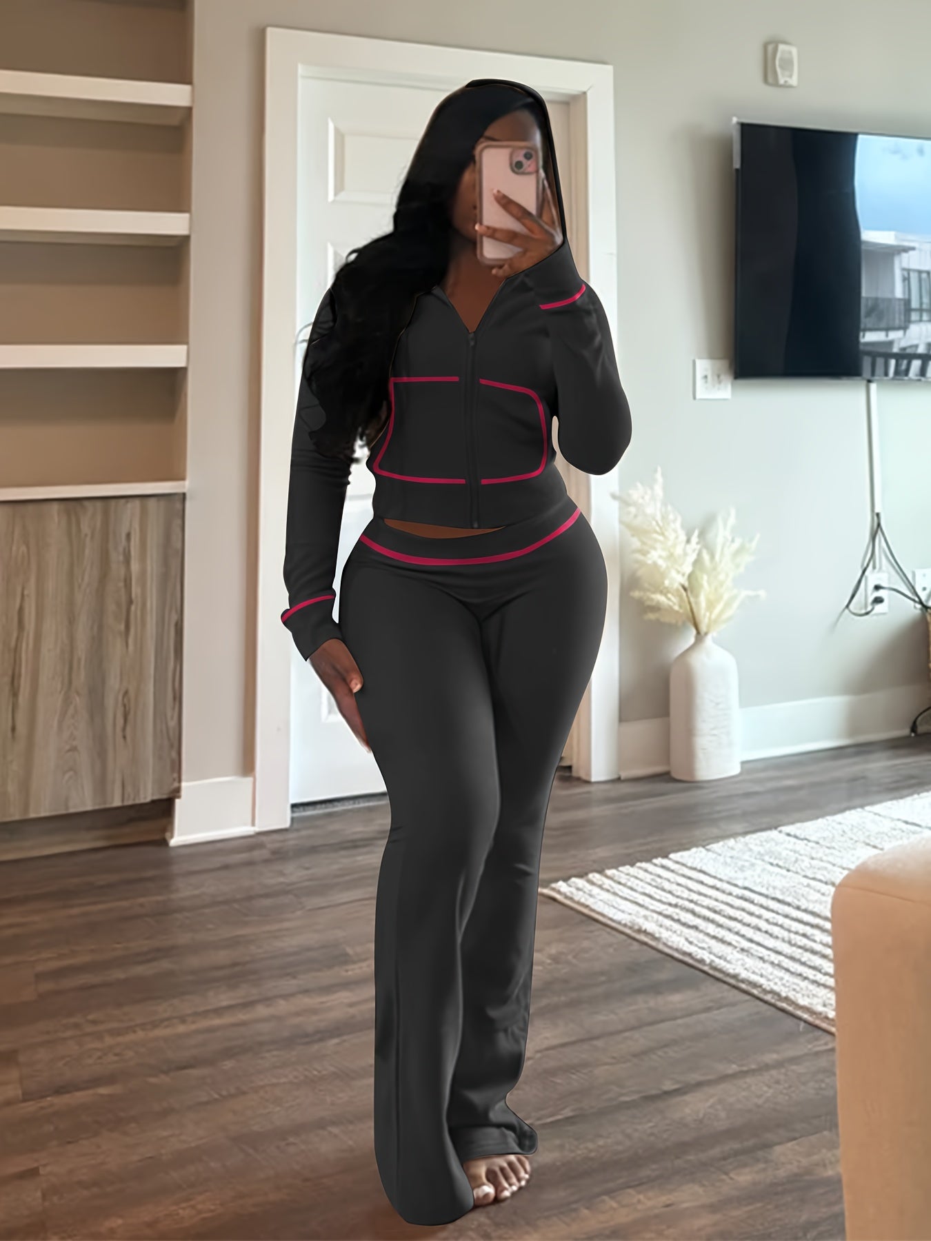 Womens Outfit 2pcs Lounge Hoodie Flare Pant Sets, Weekend Outfit, Sporty Look, Easy Care, Breathable Material, Comfy Clothing, Women's Fashion