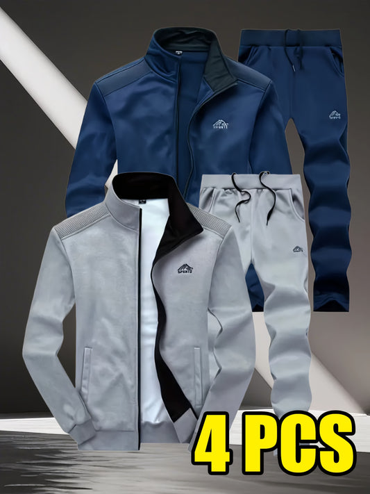 4pcs Set Of New Men'S Casual Sportswear for Autumn And Winter, Featuring A Stand Up Collar Jacket Paired with Casual Pants, with A Zipper Design And A Regular Silhouette, Suitable for Daily Casual Outdoor Activities, Sporty O
