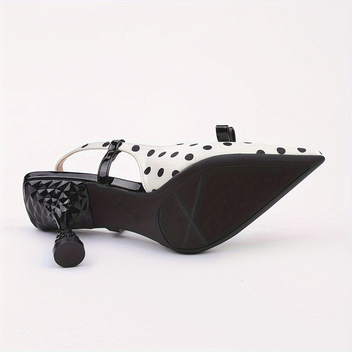 Women's Elegant Pointed-Toe High-Heel Mules - White & Black Polka Faux Cover/Fabric Upper with Adjustable Ankle Strap & Buckle Closure, TPU Cushioned Insole - All-Season Dress Shoes for Office, Parties, Semi-Formal Events - C