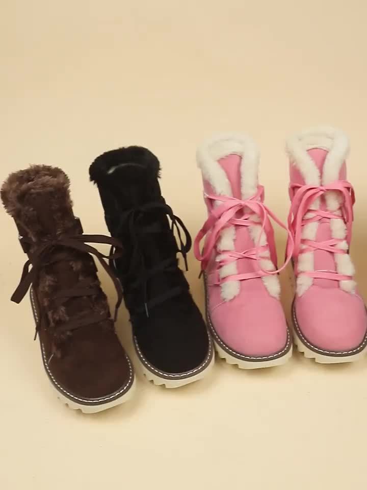 Women's Elegant Plush Lining Winter Boots - Thick Heel Mid-Calf Lace-Up Round Toe Boots with Faux Fur Collar, PU Cover-like Upper & Cushioned Insole, Warm Brown/Tan/Black/Pink/Beige - Casual & Formal Winter Shoes, Hand Wash o