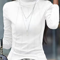 Plus Size, Size Solid Color Turtleneck Slim Fit Long Sleeve T-Shirt - Size Friendly High-Elasticity Fabric, Round Neck Suitable for Spring/Autumn, Casual & Elegant Layering Piece, Hand Washable - Top