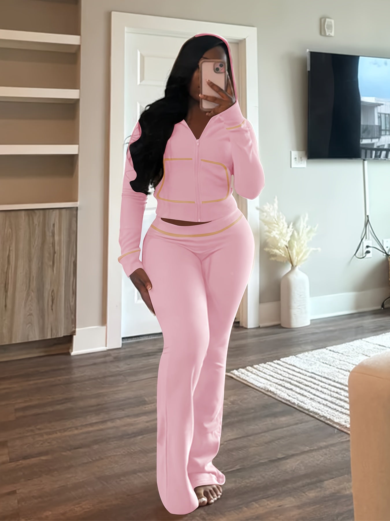 Womens Outfit 2pcs Lounge Hoodie Flare Pant Sets, Weekend Outfit, Sporty Look, Easy Care, Breathable Material, Comfy Clothing, Women's Fashion