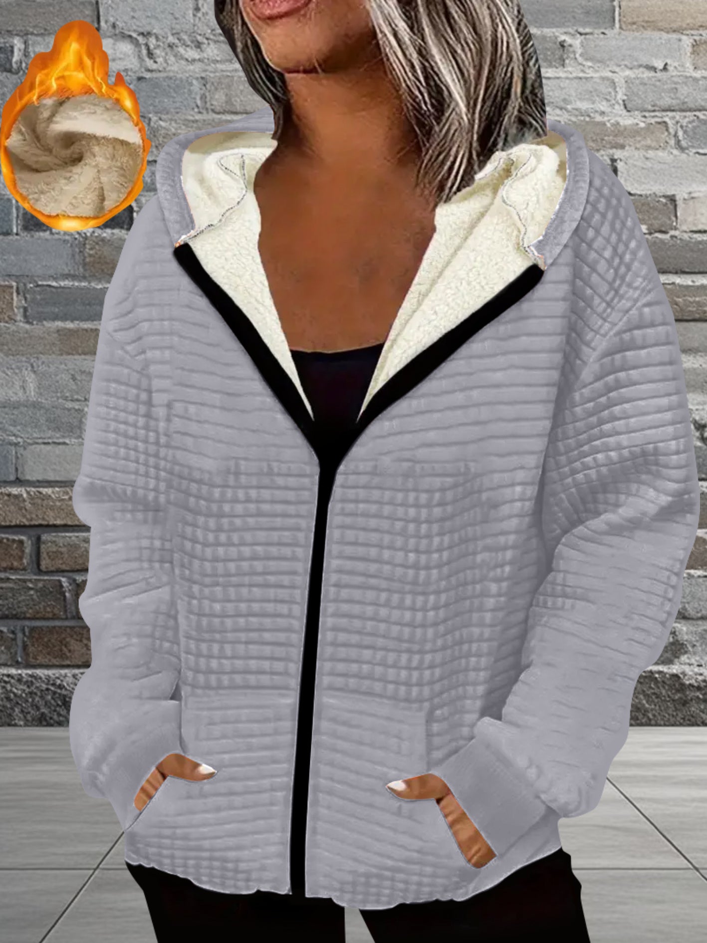 Women's Thick Full-Zip Hooded Jacket with " of God" Christian Lettering & Heart Design - Machine Washable Polyester Winter Coat, Casual Warm Outerwear for Church Events & Everyday Faith Expression, Geometric Pattern Waffle Te