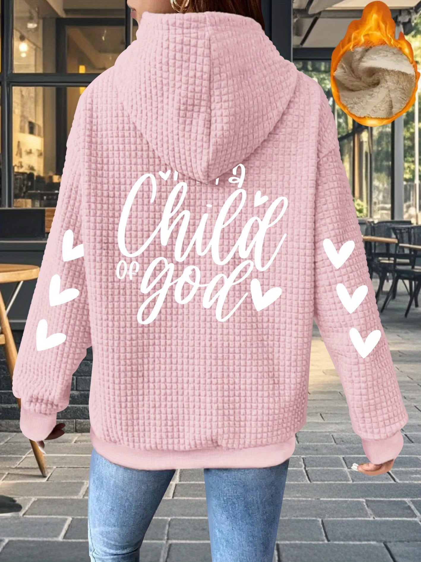 Women's Thick Full-Zip Hooded Jacket with " of God" Christian Lettering & Heart Design - Machine Washable Polyester Winter Coat, Casual Warm Outerwear for Church Events & Everyday Faith Expression, Geometric Pattern Waffle Te