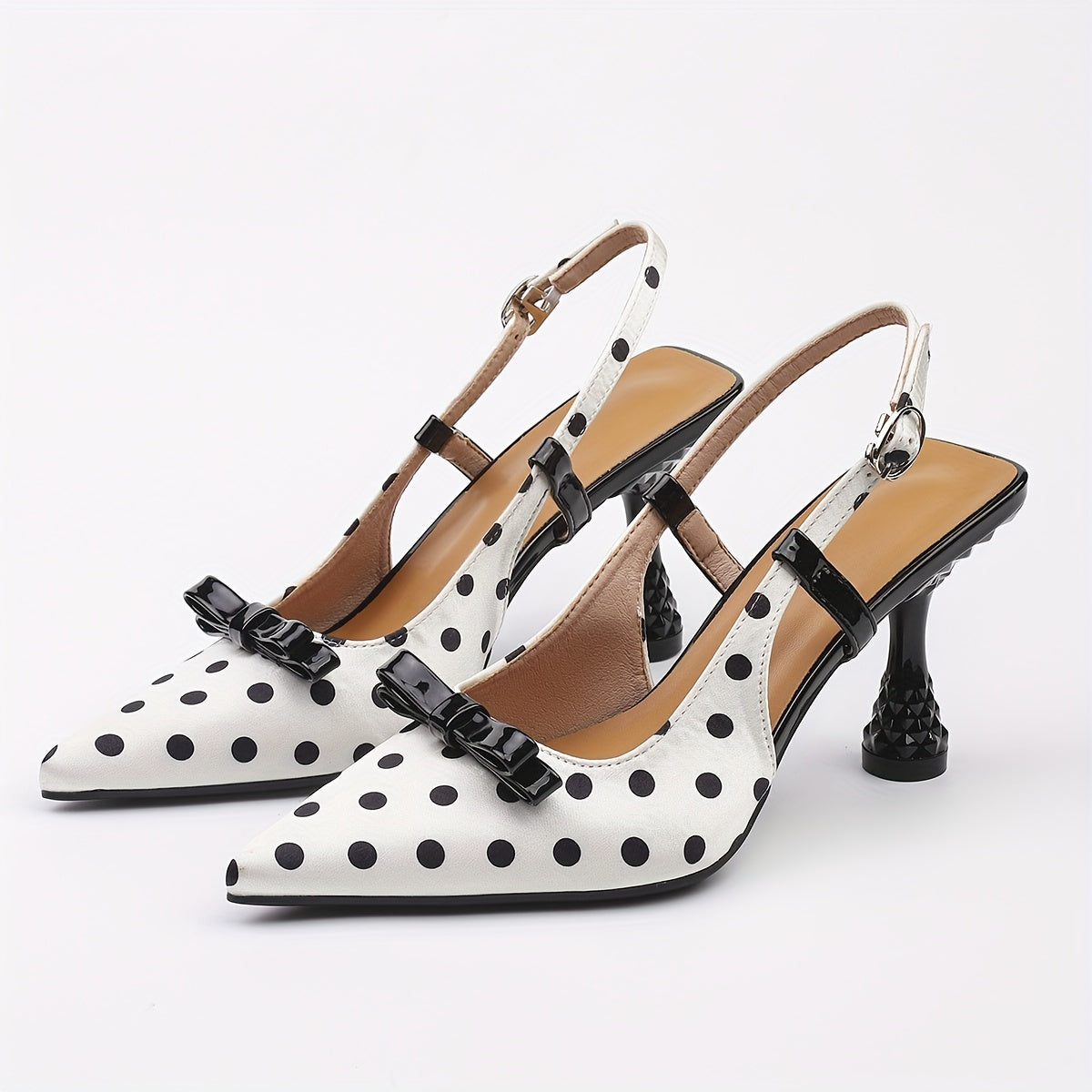 Women's Elegant Pointed-Toe High-Heel Mules - White & Black Polka Faux Cover/Fabric Upper with Adjustable Ankle Strap & Buckle Closure, TPU Cushioned Insole - All-Season Dress Shoes for Office, Parties, Semi-Formal Events - C