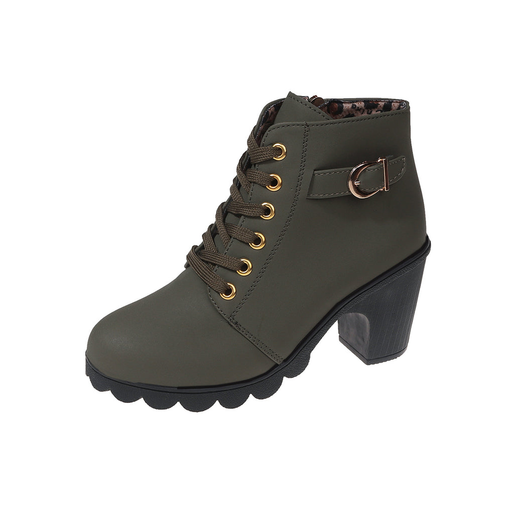 Women's Chunky Heel Ankle Boots - Black Faux Cover Lace-Up Side Zipper Booties with Golden Accents, Cap Toe & Comfortable Block Heel for Casual Outings