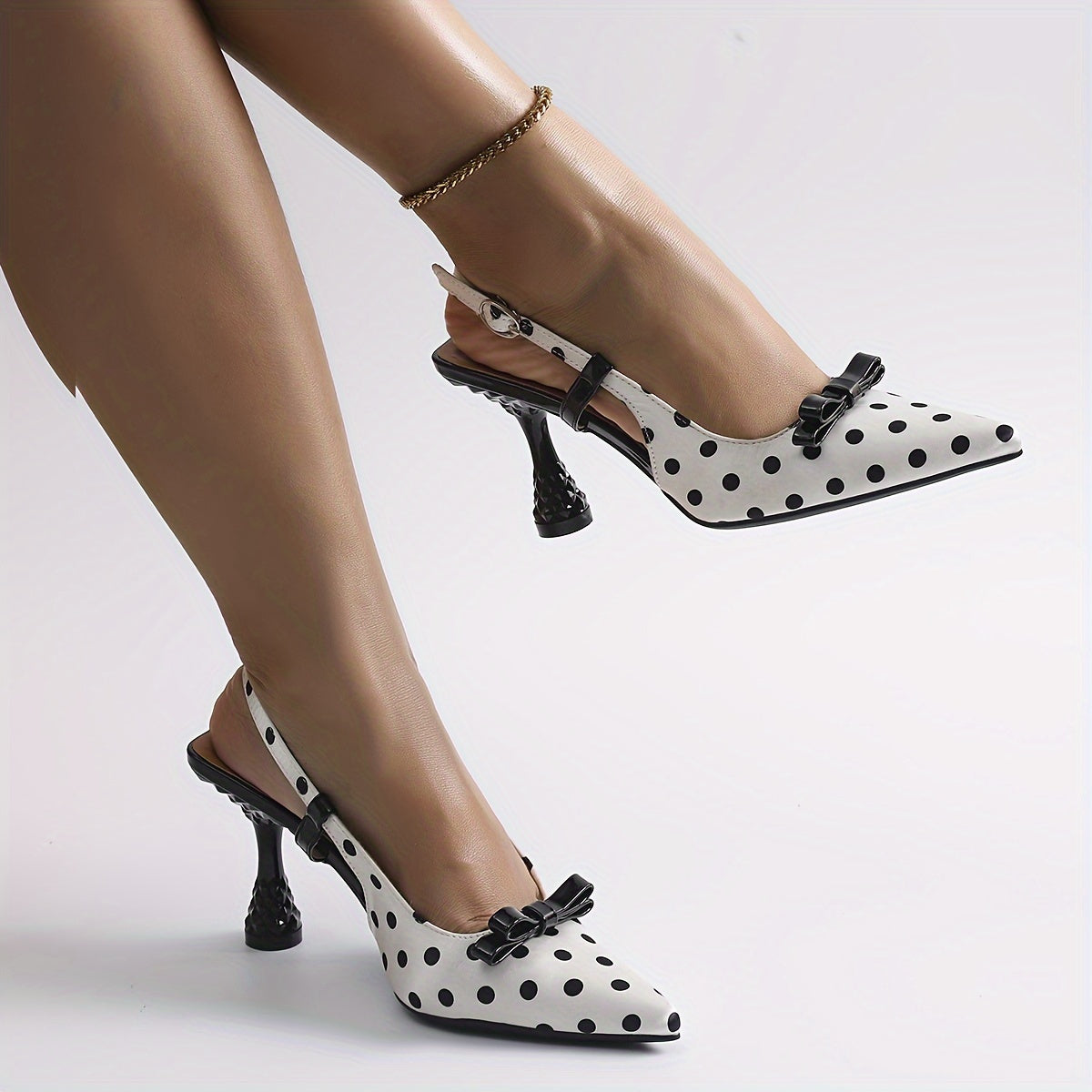 Women's Elegant Pointed-Toe High-Heel Mules - White & Black Polka Faux Cover/Fabric Upper with Adjustable Ankle Strap & Buckle Closure, TPU Cushioned Insole - All-Season Dress Shoes for Office, Parties, Semi-Formal Events - C