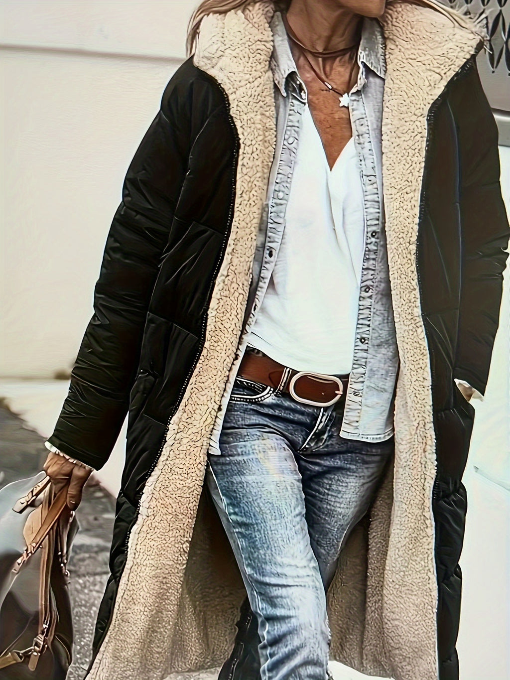 Plus Size, Plus Size Women's Elegant Quilted Teddy Parka Coat - Dual-Sided Hooded Winter Jacket with Full-Length Zipper, A-Line Silhouette & -Sweeping Hem, Machine Washable Outerwear