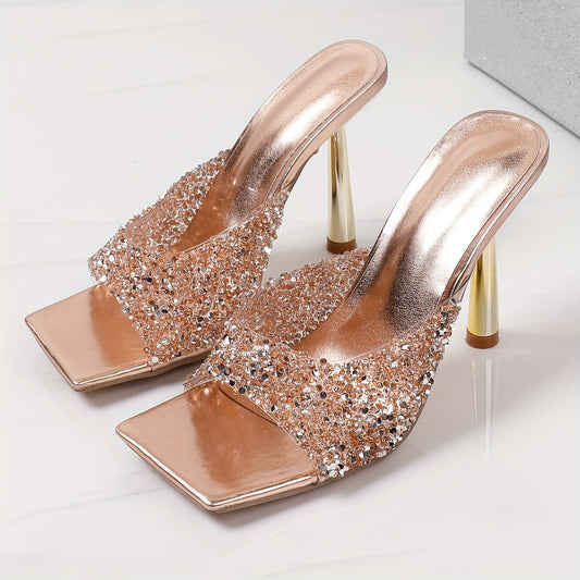 Women's Rhinestone-Adorned High-Heel Slip-Resistant Square Toe Mules - Sparkling PU Cover-like TPU & Rubber Sole, Glittering Party Shoes with Arch, Comfortable Elegant Dress Shoes for Women (Shimmering Rhinestone-Encrusted, S